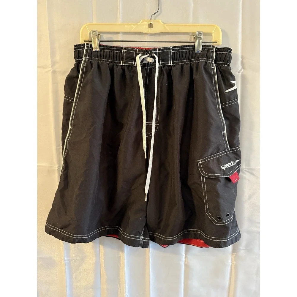 Speedo Mens L Board Short‎ Swim Trunks Black Red Mesh Lined Pockets Surf